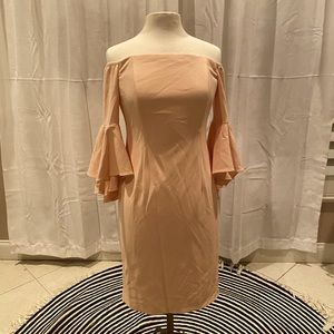 Peach colored off shoulder Calvin Klein dress